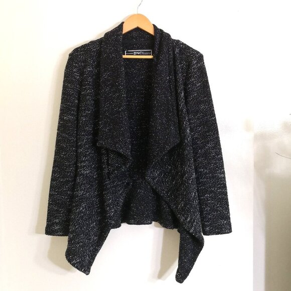BNCI by Blanc Noir Women's Tweed Drape Front Shawl Collar Cardigan Sweater Sz M - Picture 2 of 6